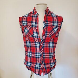 Sleeveless Plaid Red Blue Green Button Down Shirt